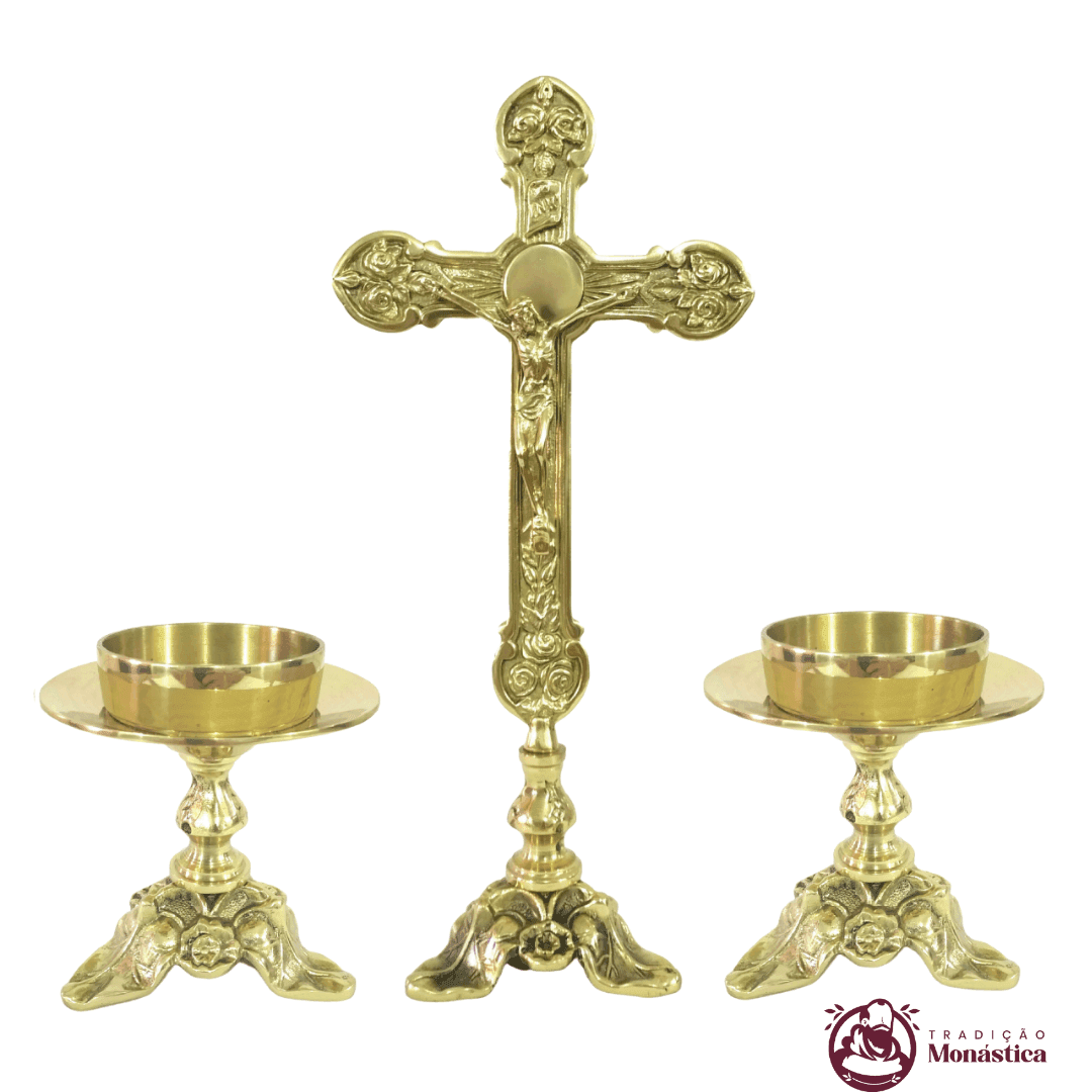 Conjunto de Castiçal e Cruz Flor Pequeno em Bronze - 2
