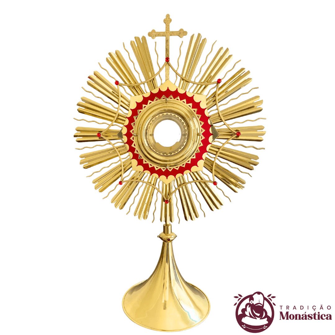 Ostensório Dourado com Pedras Vermelhas em Latão - 71cm