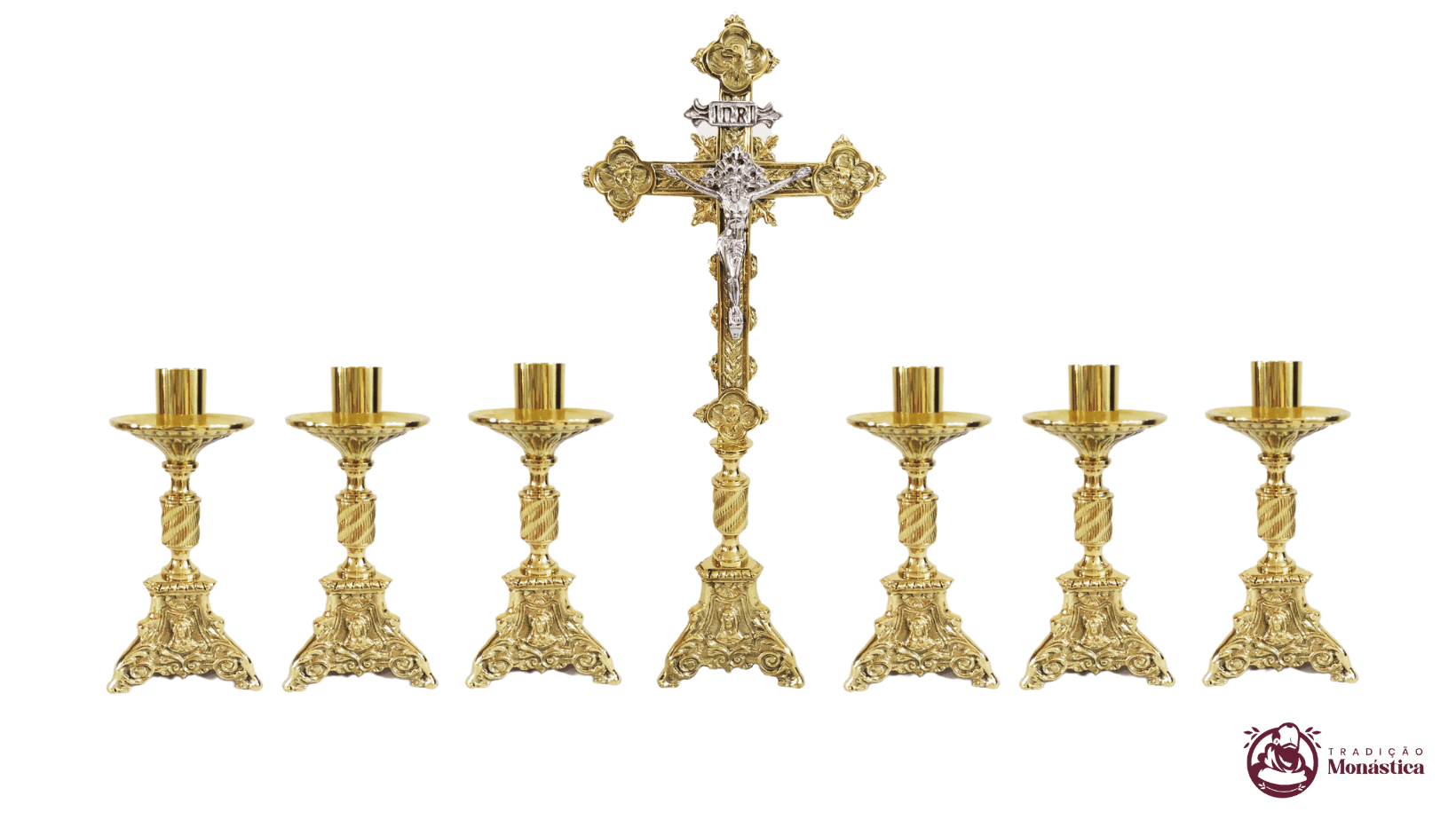 Conjunto de Castiçal e Cruz JMJ Pequeno em Bronze Conjunto de Castiçal e Cruz JMJ Pequeno em Bronze