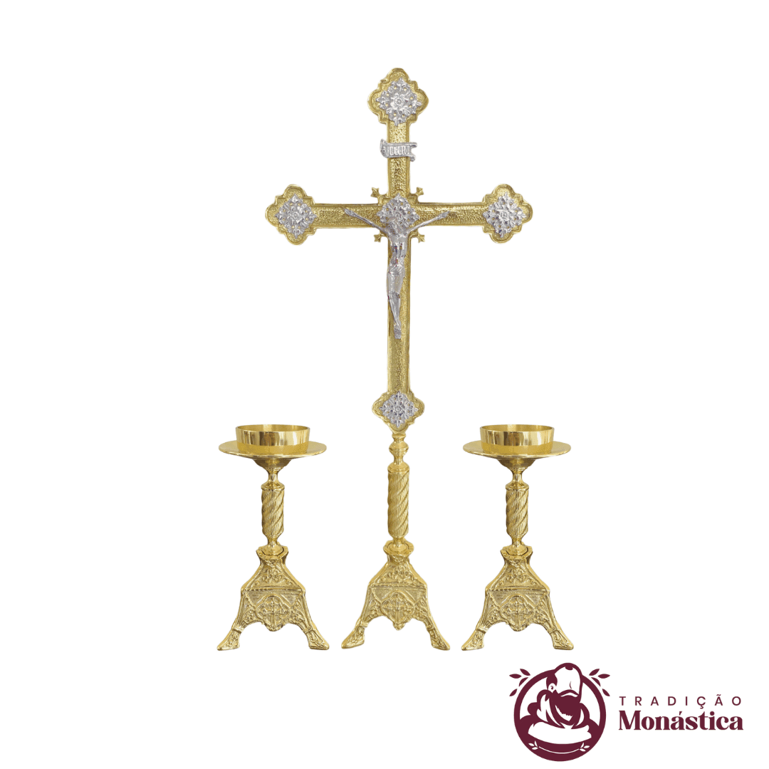 Conjunto de Castiçal e Cruz Exclusivo Pequeno em Bronze - 2