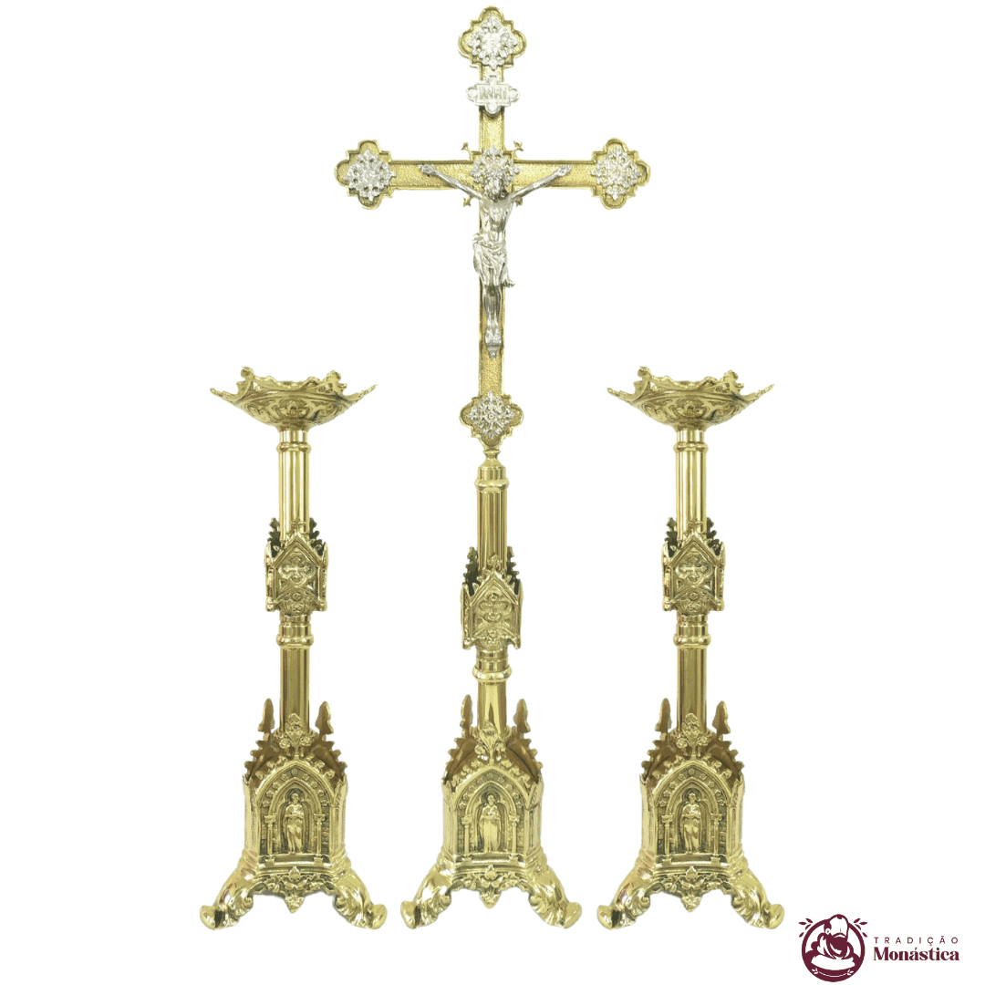 Conjunto de Castiçal e Cruz Gótico em Bronze - 2