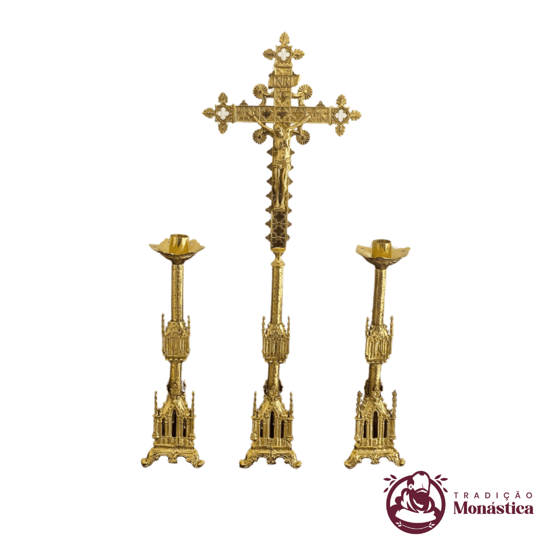 Conjunto de Castiçal e Cruz Gótico Pequeno em Bronze - 2
