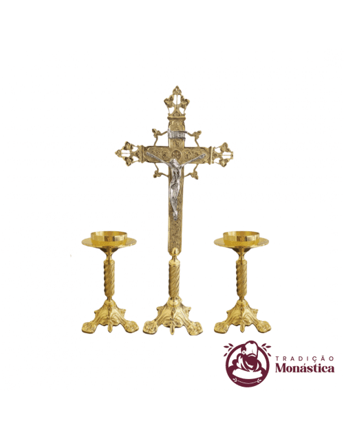 Conjunto de Castiçal e Cruz Modelo Escadinha em Bronze - 2