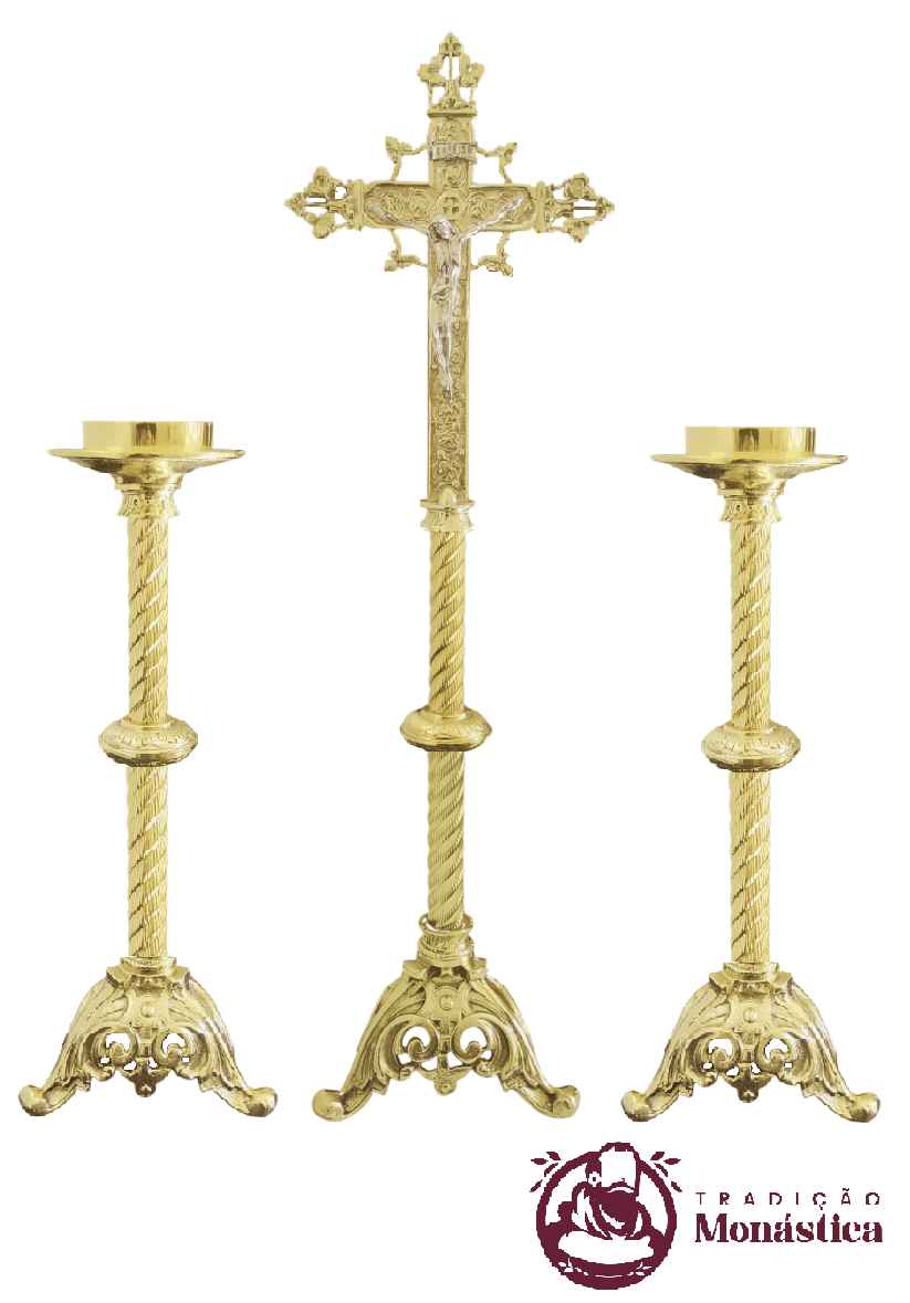 Conjunto de Castiçal e Cruz Modelo Tripé em Bronze - 2