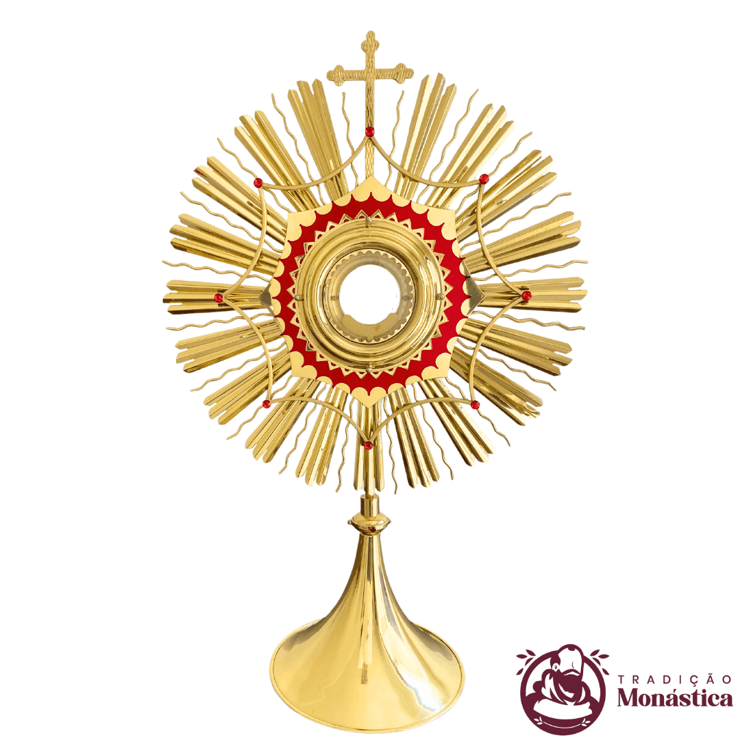 Ostensório Dourado com Pedras Vermelhas em Latão - 71cm - 1